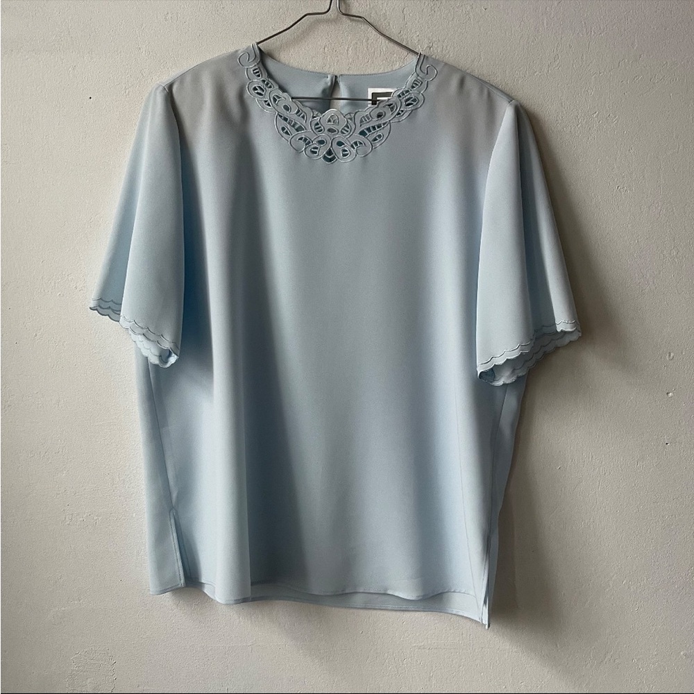 Sage short sleeve embroidered top